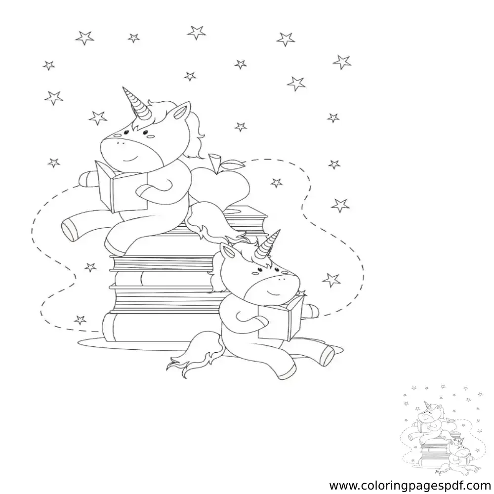 Coloring Page Of Two Small Unicorns Reading Books