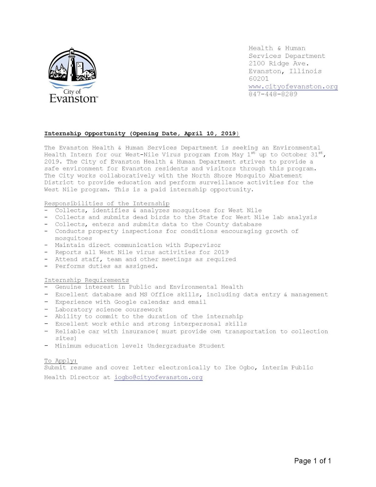 Loyola University Chicago Public Health Jobs Board Summer internship