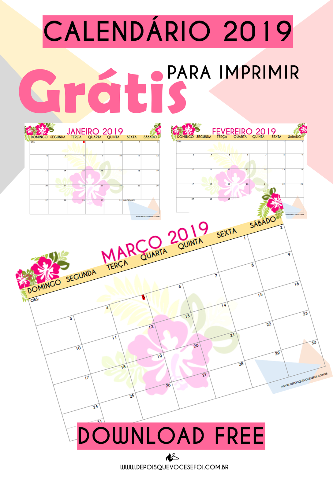 Calendário 2019 gratuito para imprimir