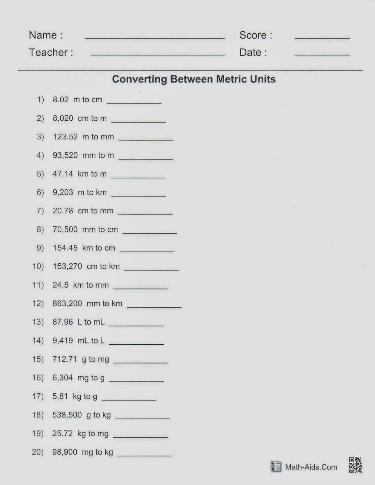 Conversion Chart For 6th Grade Math