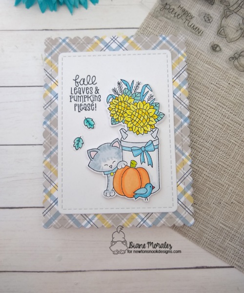 Fall leaves and pumpkin please by Diane Morales features Signs of Fall, Paw-tumn Newton and Frames & Flags by Newton's Nook Designs; #inkypaws, #newtonsnook, #cardmaking, #catcards, #autumncards