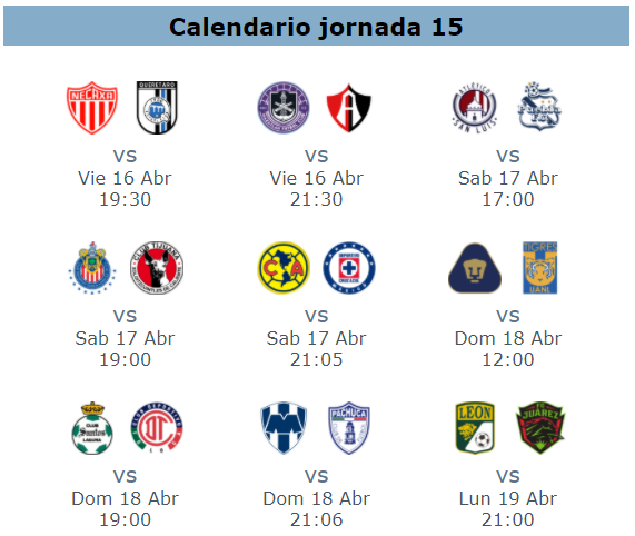 Calendario de la jornada 15 del futbol mexicano