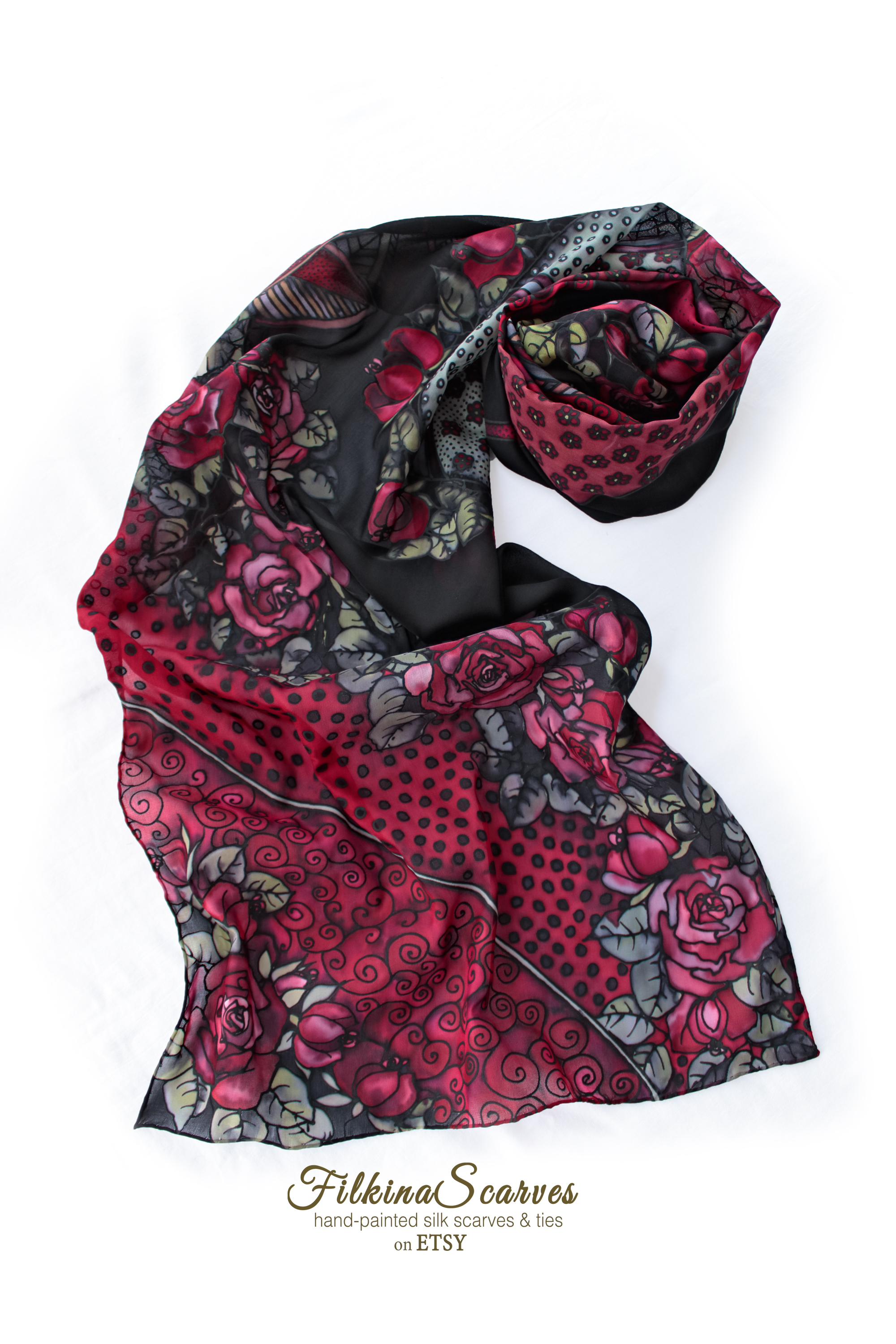 Hand-PAINTED Black and Red Women Silk Scarf with Roses. Silk chiffon scarf