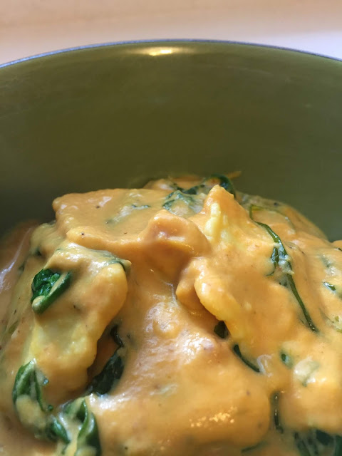 creamy pumpkin sauce with pancetta and baby greens