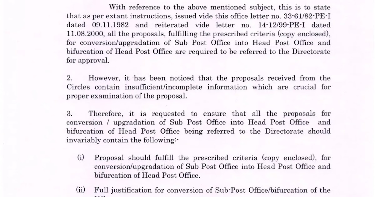 Proposals for conversion/upgradation of Sub Post Office into Head Post