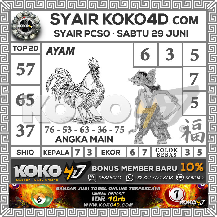 Prediksi Syair PCSO Hari Sabtu Tanggal 29 Juni 2019 Situs Cara Pasang
