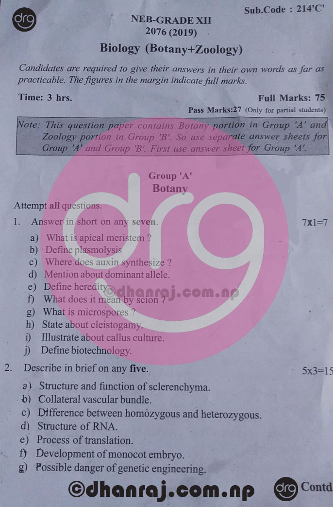 Biology (Botany+Zoology) Grade 12XII Question Paper 2076 [2019