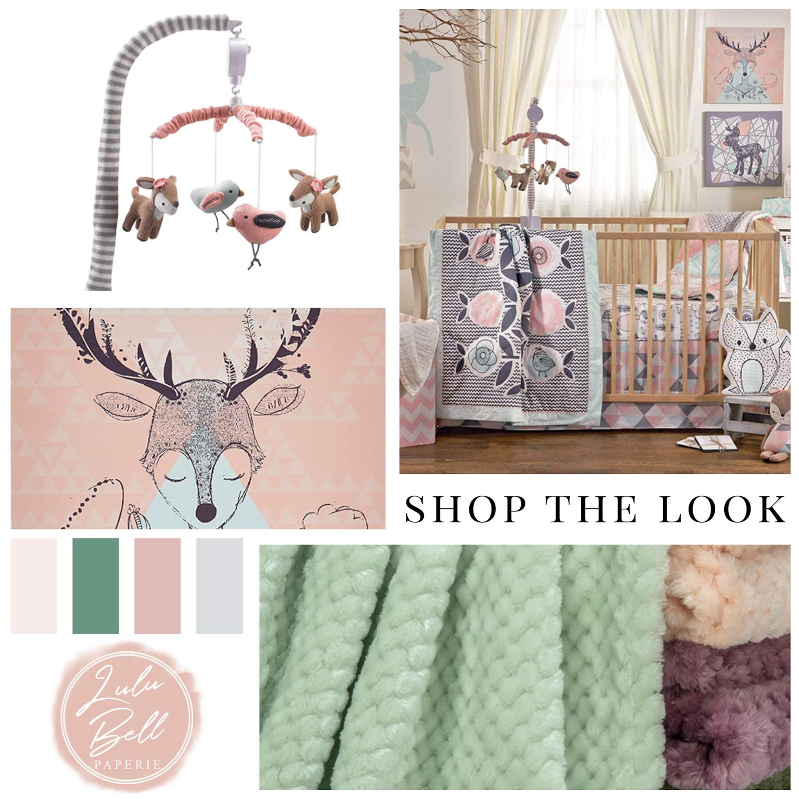 Bohemian themed baby nursery with deer, birds, and geometric shapes. Includes crib bedding ensemble, wall decor and art prints, infant mobile, blankets, toys, and matching decor. In pink, gray, blue, color palette perfect for a baby girl’s nursery!