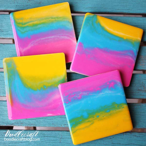 Rainbow sunset resin paint pour on wooden coasters
