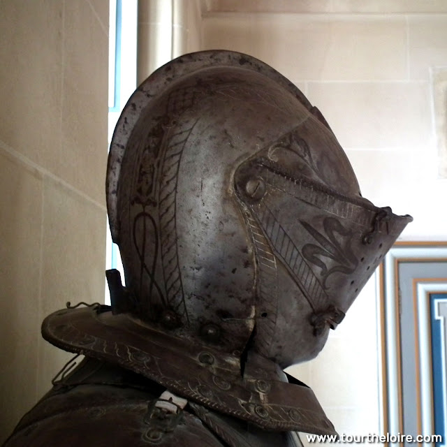 Etched armet style helmet, collection of the Chateau of Cheverny, Loir et Cher, France. Photo by Loire Valley Time Travel.