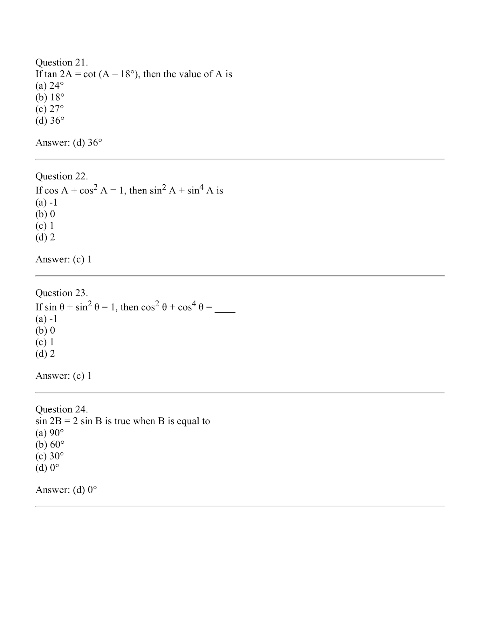 Introduction to Trigonometry MCQ's and Case Study