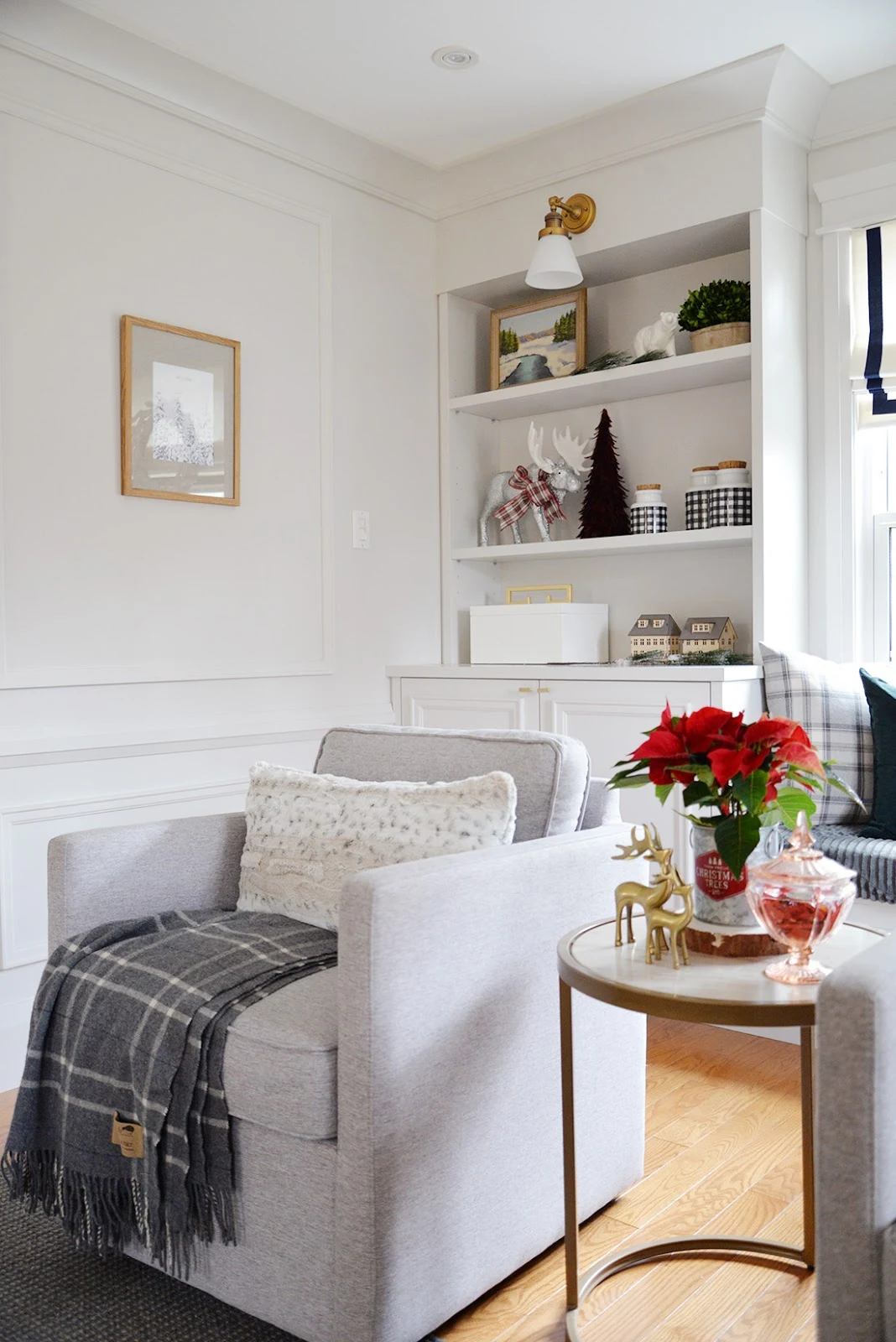 Grey swivel chairs. Christmas decor ideas. Living room decorated for Christmas
