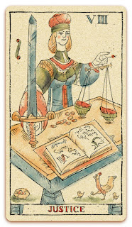 Justice card - Colored illustration - In the spirit of the Marseille tarot - major arcana - design and illustration by Cesare Asaro - Curio & Co. (Curio and Co. OG - www.curioandco.com)