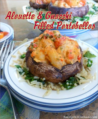 Alouette & Gnocchi Filled Portobellos are filled with sauteed vegetables and tomatoes, then baked for a hearty meatless meal. | Recipe developed by www.BakingInATornado.com | #recipe #dinner