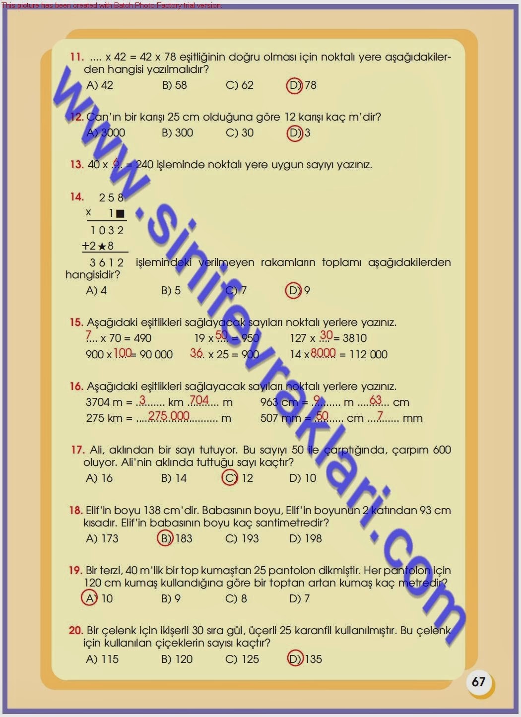 4. Sınıf Matematik Ders Kitabı Sayfa 67 Cevabı ( Meram
