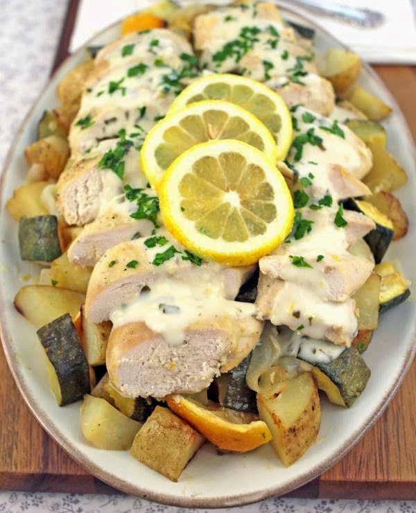 Baked Chicken, Potatoes and Zucchini in a Buttery, Lemony Garlic Sauce