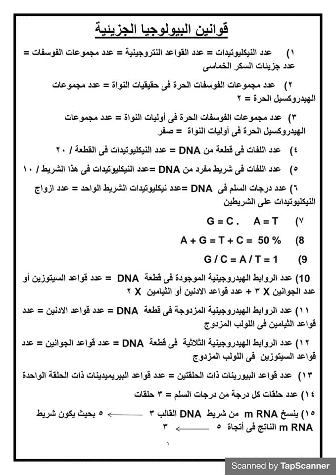 قوانين حل مسائل البيولوجيا الجزيئية احياء للصف الثالث الثانوي أ/ أمل منير 1