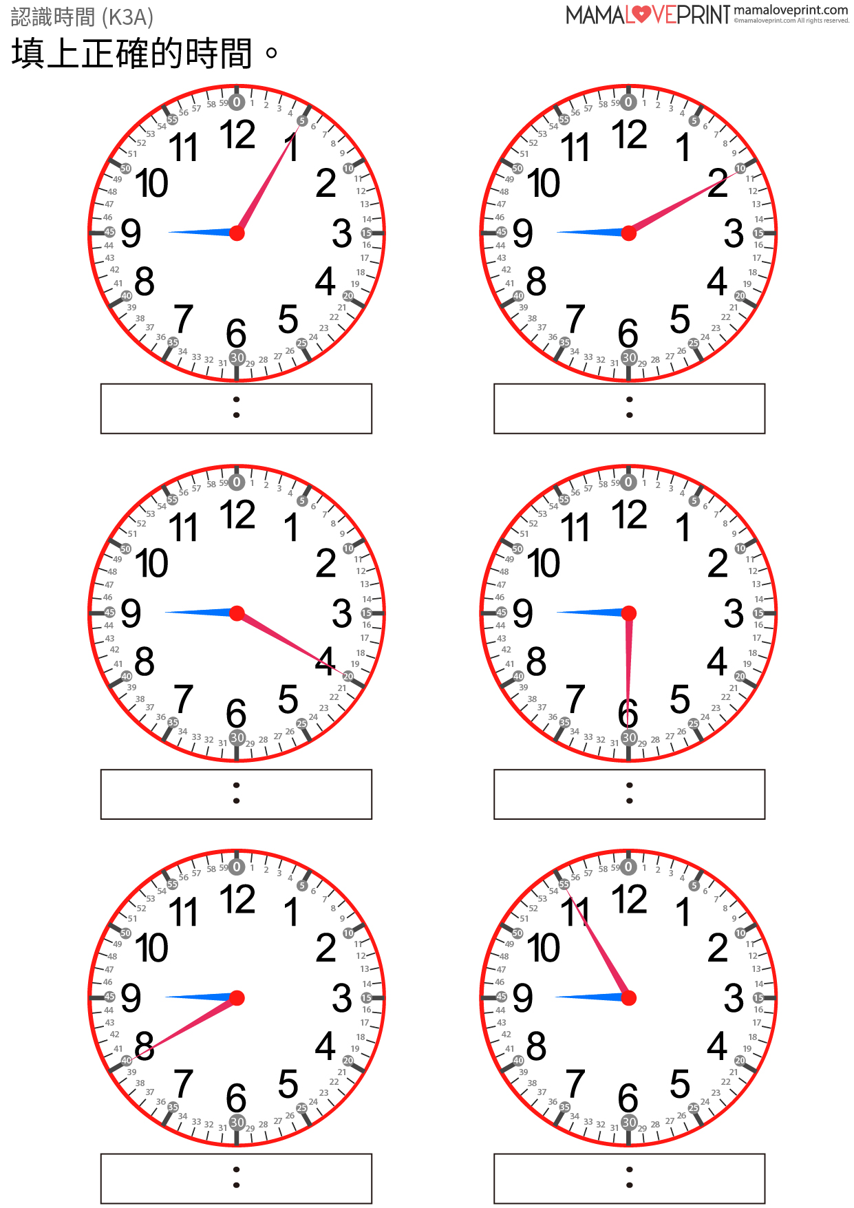 Mamaloveprint 自製工作紙 認識時間和閱讀鐘面level 4 學習分針 5分 每小時間隔5分鐘 Learning Time And Reading Clock Learning Minute Hand 5 Minutes Intervals To The Hour Time Worksheets For