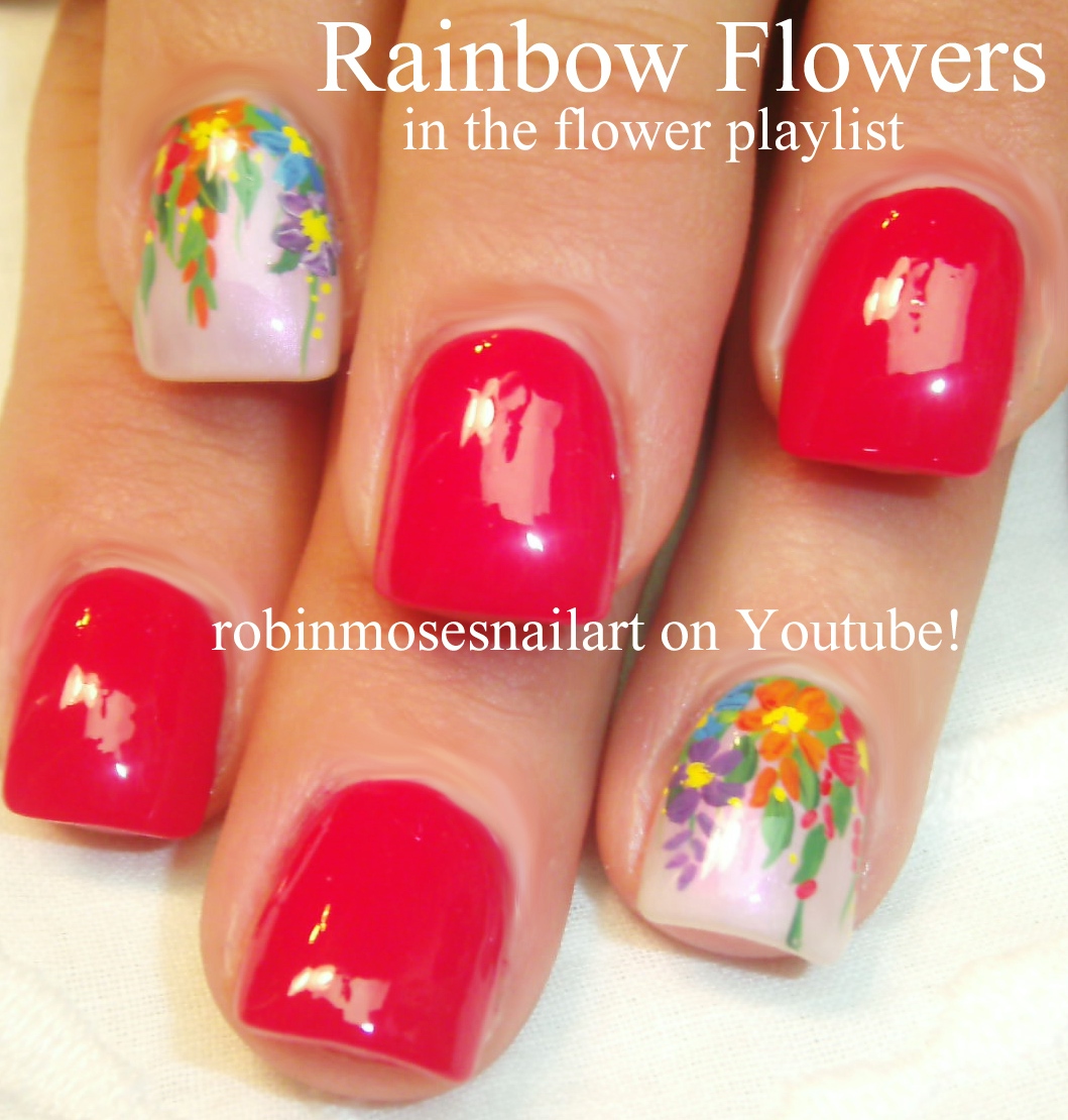 Nail Art by Robin Moses: rainbow flower nails, rainbow nails, cute red ...