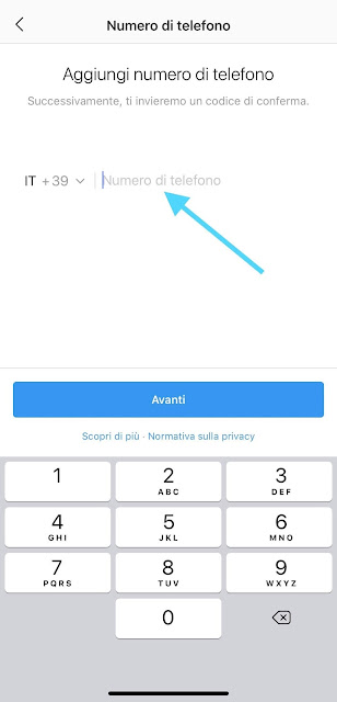 Aggiunta del numero su Autenticazione a due fattori di Instagram