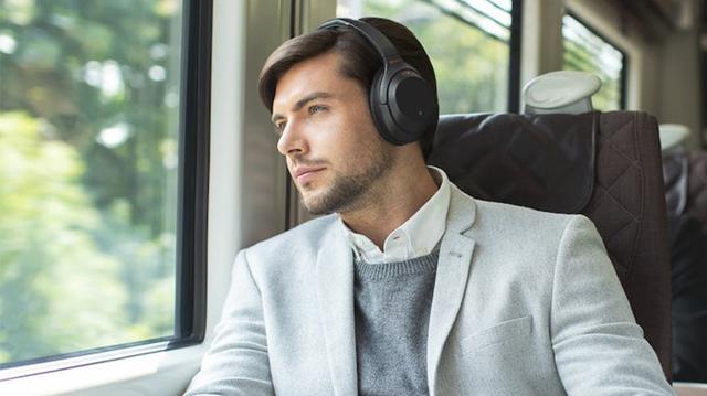 Men listening to music while travelling in train