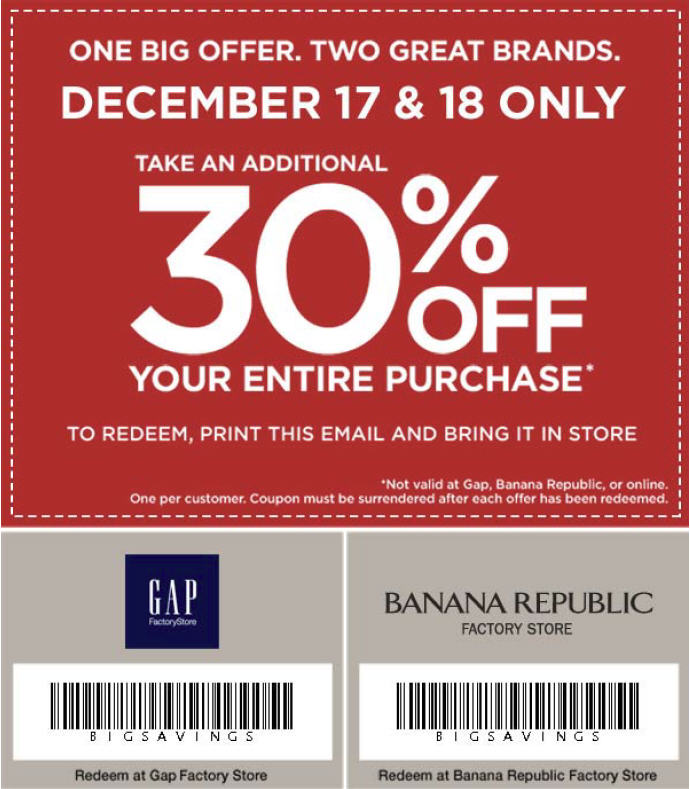 Gap & Banana Republic Factory Store: Take an Extra 30% Off Your Entire Purchase Coupon (Dec 17 ...