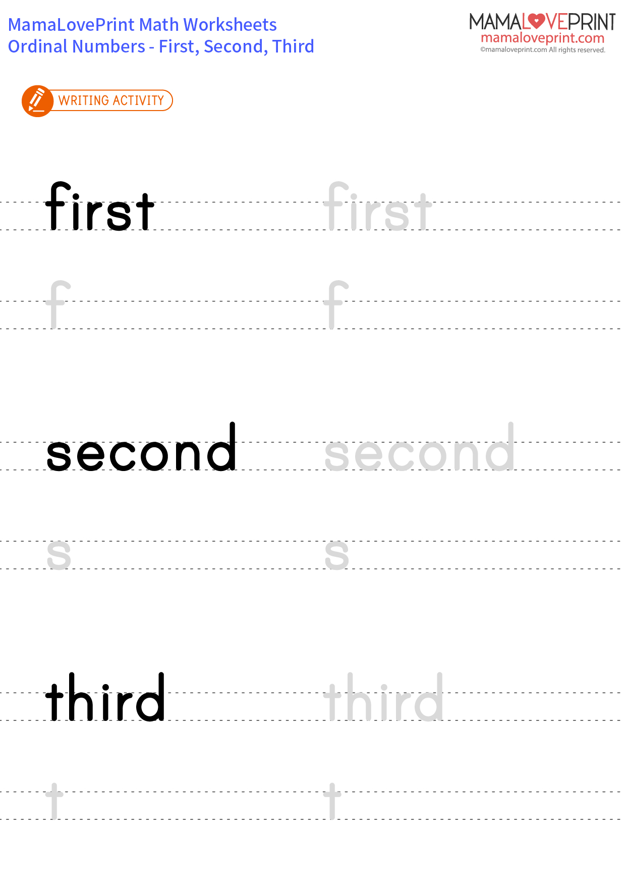 MamaLovePrint Math Worksheet - Ordinal Numbers [Level 1] First, Second ...