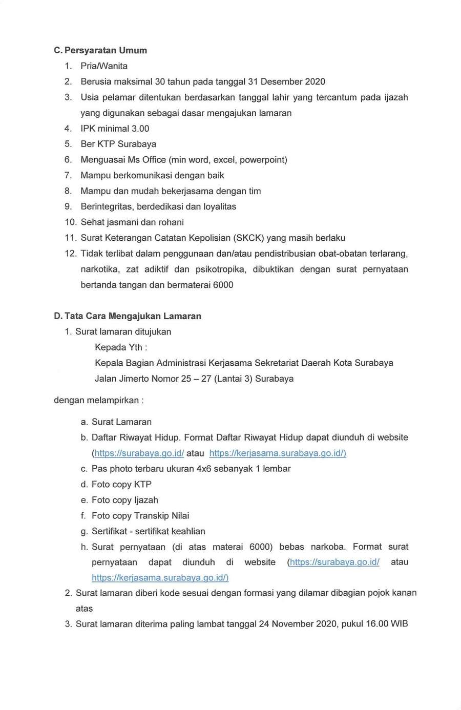 Rekrutmen Tenaga Kontrak Bagian Administrasi Kerjasama Sekretariat Daerah Kota Surabaya Info Lowongan Kerja Terbaru Info Lowongan Kerja
