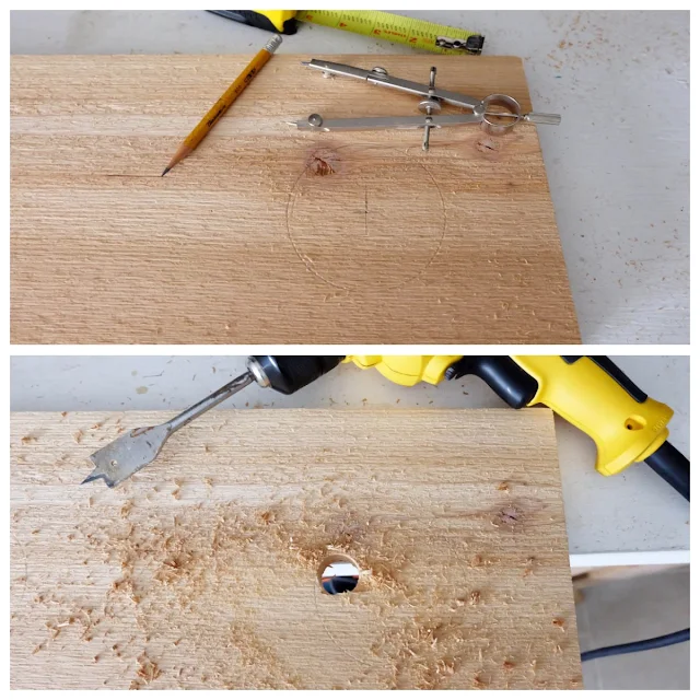 drilling holes to cut larger holes in cedar