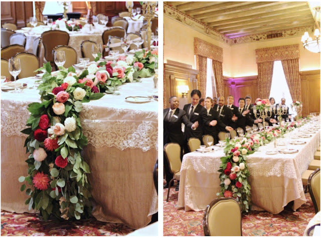 lush head table garland runner full floral dahlia garden roses ranunculus blush peach pink coral ivory red plum Detroit Athletic Club wedding decor sweet pea floral design ann arbor detroit service in symphony 