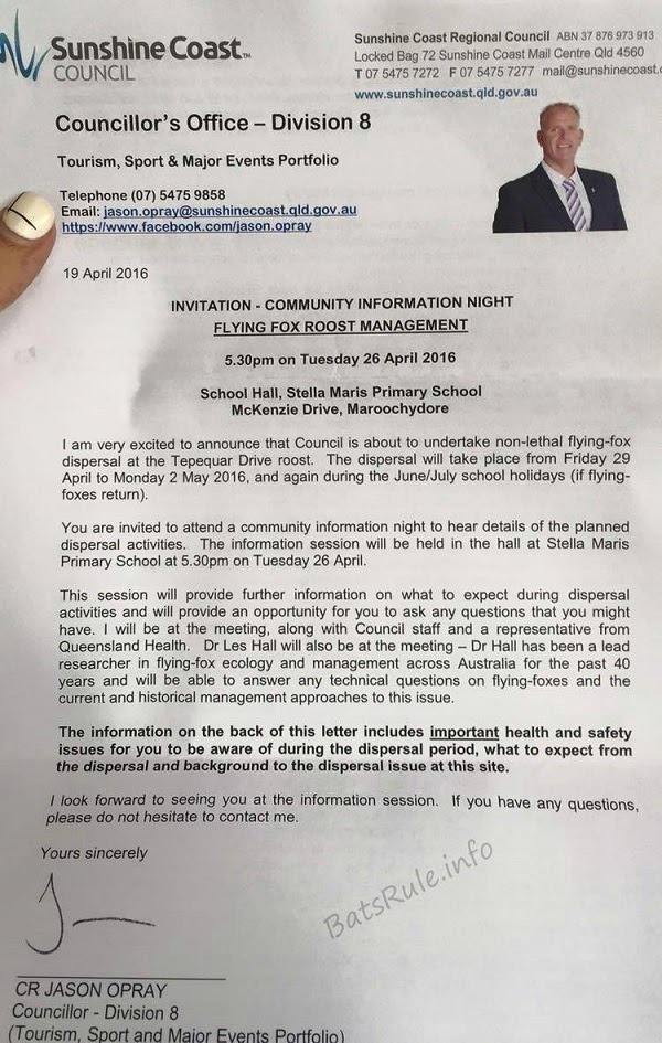 Sunshine Coast council megabat dispersal Queensland