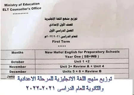 توزيع منهج اللغة الانجليزية للمرحلة الاعدادية والثانوية للعام الدراسى 2021-2022