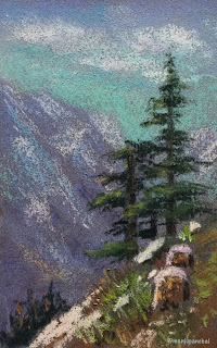 Soft painting of a landscape from Himachal Pradesh on Canson Mi Teintes paper