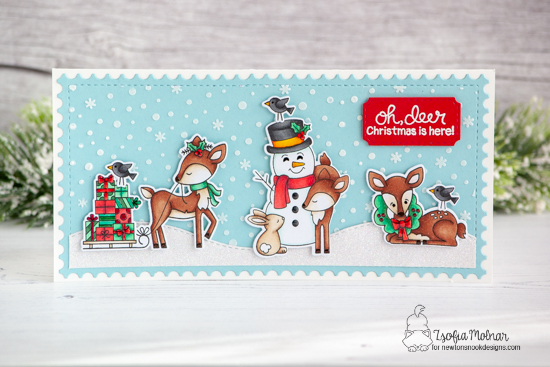 Christmas Deer Card by Zsofia Molnar | Festive Fawns Stamp Set, Petite Snow Stencil and Land Borders Die Set by Newton's Nook Designs #newtonsnook #handmade