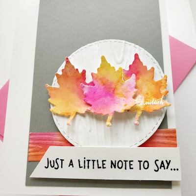 dry embossing, Embossing folder, water colouring, Zig clean colour brush pens, Thank you card, die cutting maple leaves, Quillish, Maple leaves card, autumn card , thank you card