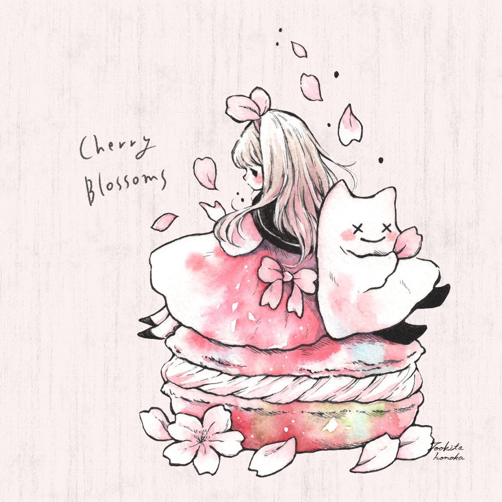女の子と春の桜とマカロンのふんわりかわいいイラスト