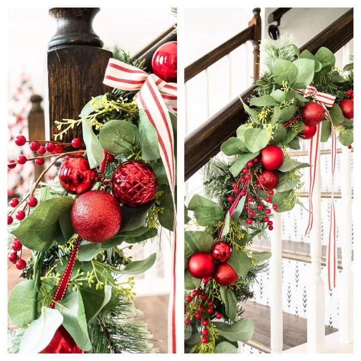 red berries tucked into banister garland