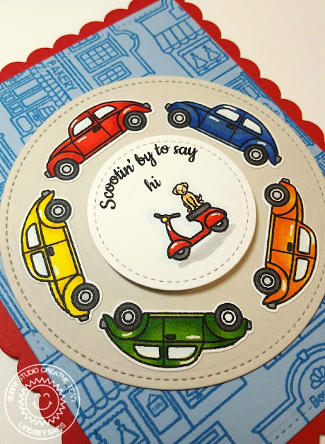 Sunny Studio Stamps: City Streets Interactive Spinning Car Card by Lindsey Sams.