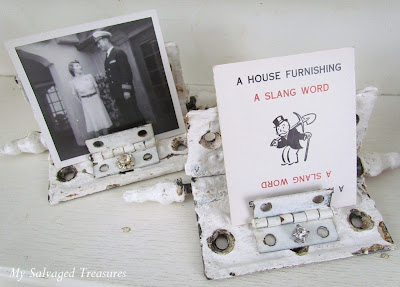 repurposed hinges used as picture and card holders. turn old hinges into unique picture and card holders