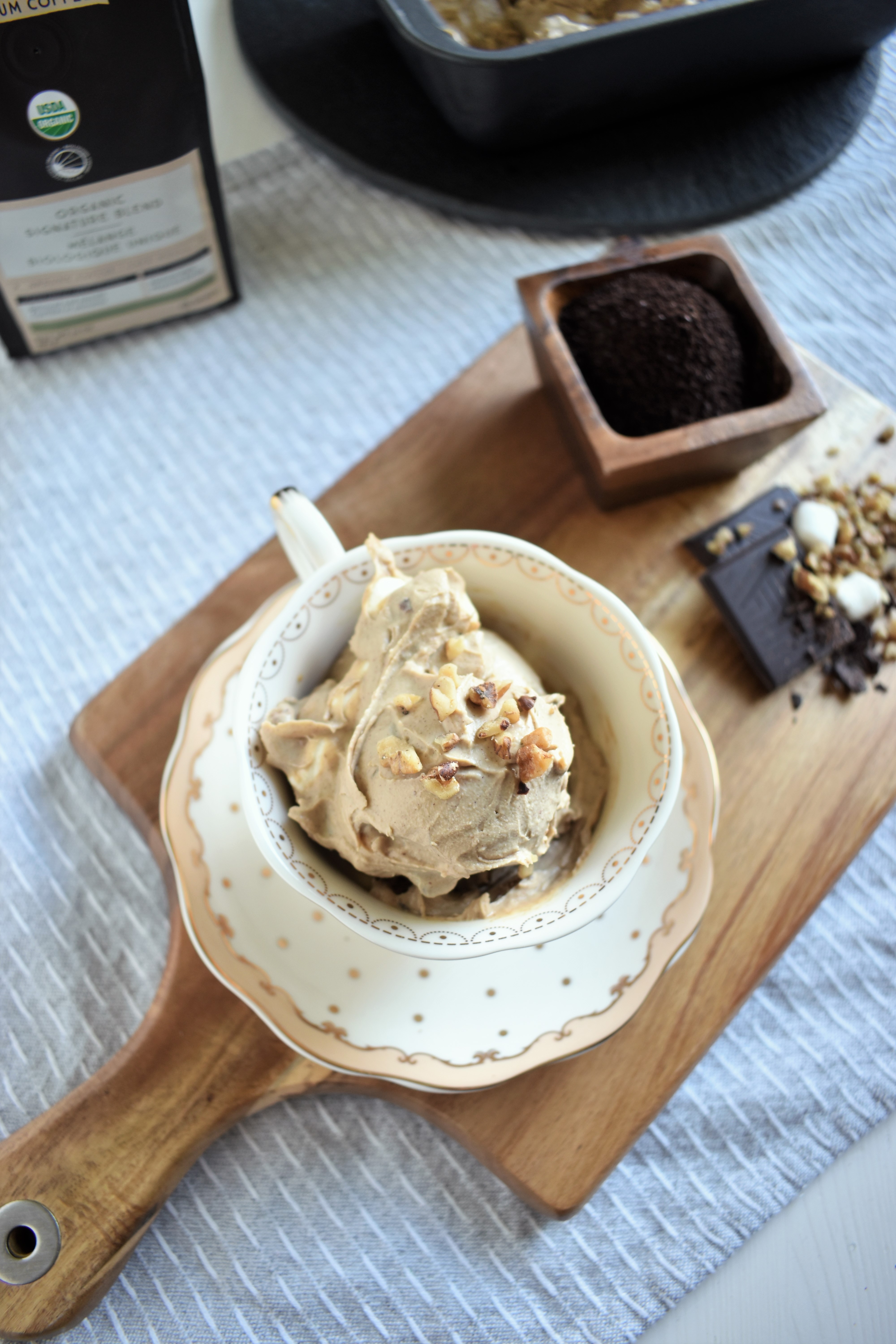 Vegan Coffee Ice Cream with Marshmallow, Chocolate and Toasted Walnuts