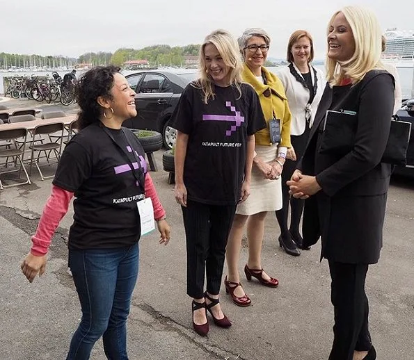 Crown Princess Mette-Marit attended Katapult Future Fest festival held in Vippa, Oslo. Katapult Future Fest is a two days festival and a non-profit event. Crown Princess wore Prada coat