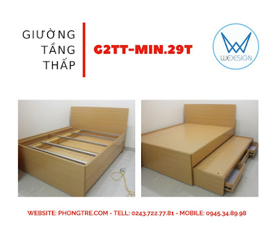 Giường 2 tầng thấp 1m6 có tủ kho vân gỗ tự nhiên màu vàng bích G2TT-MIN.29T