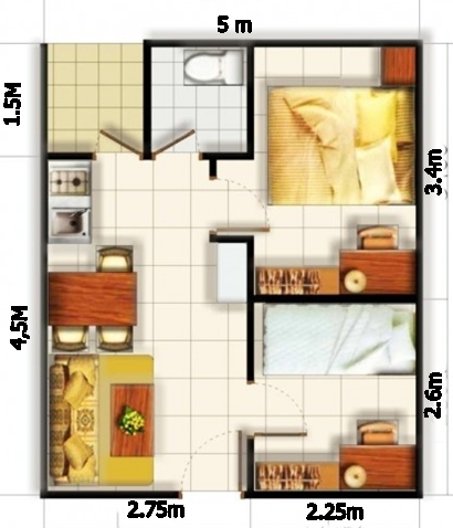 Contoh Denah rumah minimalis  type 36 dengan 2 kamar tidur 