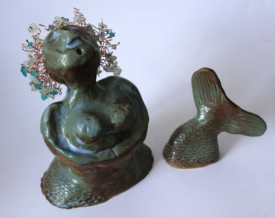 clay mermaid with copper hair and sea glass