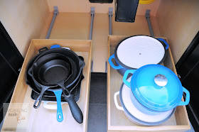 Organized roll out drawers under large exhaust fan for gas cooktop :: OrganizingMadeFun.com