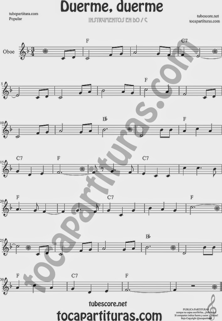  Duerme Duerme Partitura Popular de Oboe Sheet Music for Oboe Music Score