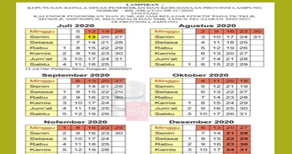 Kalender Pendidikan Provinsi Lampung Tahun Pelajaran 2020 2021
