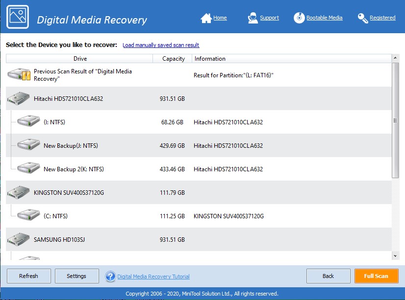 minitool power data recovery full scan hangs at 0