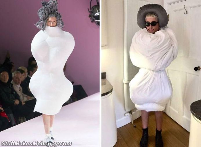 Quarantined People Ridiculously Recreate High Fashion Images Using What They Find At Home