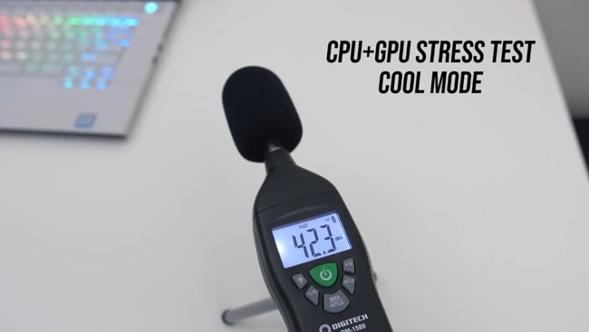 Digitech's sound level meter was measuring the noise produced by fans during CPU+GPU stress tests at cool mode of Dell Alienware m115 r2 gaming laptop.